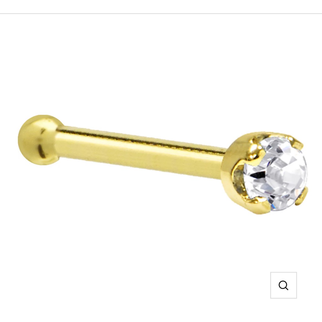 Solid 14kt Yellow Gold 20g 2mm Clear Cubic Zirconia Nose Ring